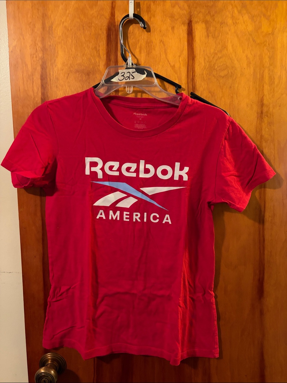 Reebok Women's Red Short Sleeve Tee with White & Light Blue Logo